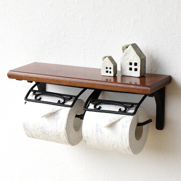 トイレットペーパーホルダー 2連 真鍮 天然木 木製 棚付き ダブル おしゃれ デザイン ブラスとウッドのＷペーパーホルダー 【送料無料】 [ydj9936]