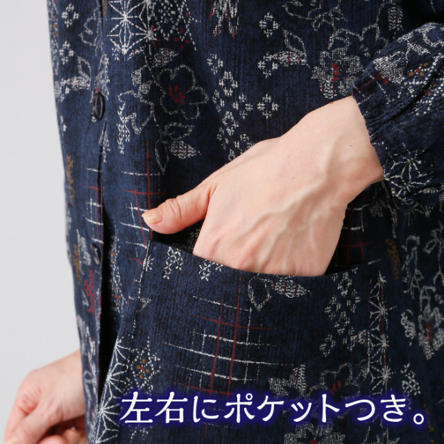和柄楊柳ブラウス レディース 春夏秋用 綿 前開き ネイビー M-L 和柄楊柳ブラウス レディース 春夏秋用 綿 前開き ネイビー M-L