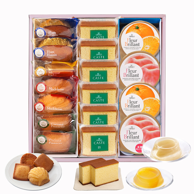 銀装　個装カステラ《青箱》・焼菓子・フルーツゼリー詰合せ　OBDF36