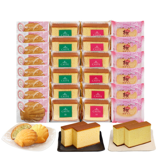 銀装　個装カステラ《青箱》《赤箱》《桜》・桜マドレーヌ詰合せ（個包装26個入り）　OABS桜M508