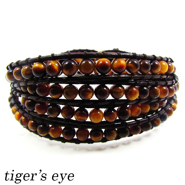 タイガーアイ 4mmビーズ レザー ラップブレスレット 4連 《rv》 [L01-95-1]
