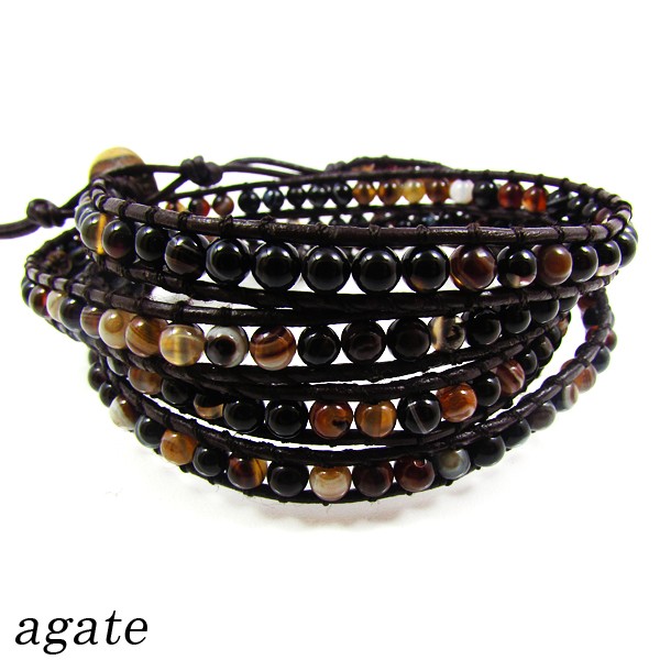 アゲート 4mmビーズ レザー ラップブレスレット 4連 《rv》 [L01-95-2]