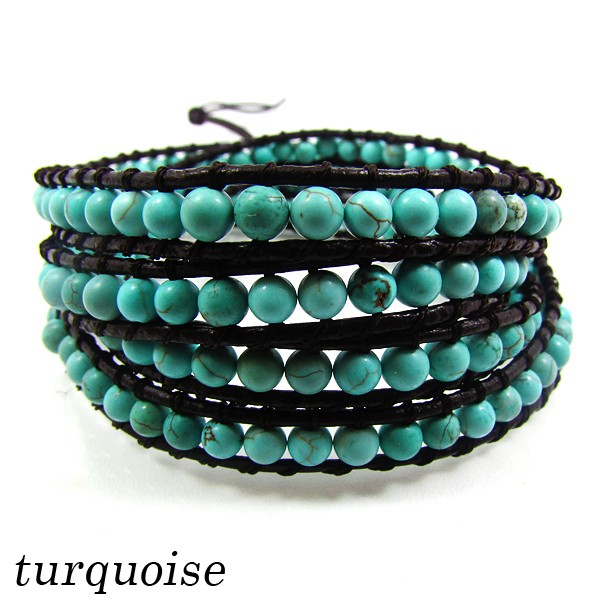 ターコイズ 4mmビーズ レザー ラップブレスレット 4連 《rv》 [L01-95-3]