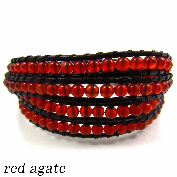レッドアゲート 4mmビーズ レザー ラップブレスレット 4連 《rv》 [L01-95-7]