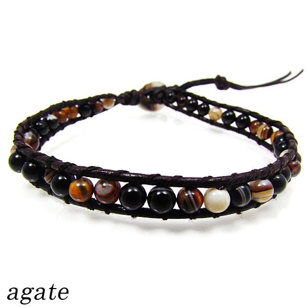 アゲート 4mmビーズ レザー ラップブレスレット 1連 《rv》 [L01-96-2]