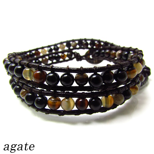 アゲート 4mmビーズ レザー ラップブレスレット 2連 《rv》 [L01-97-2]