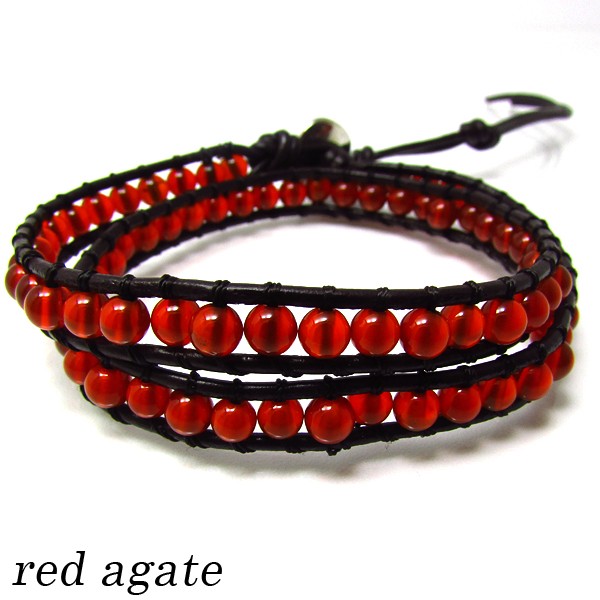 レッドアゲート 4mmビーズ レザー ラップブレスレット 2連 《rv》[L01-97-7]