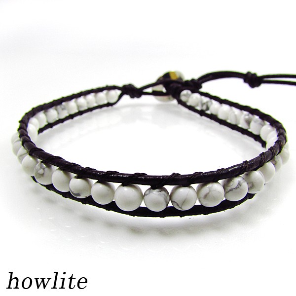 ハウライト 菱苦土石 4mmビーズ レザー ラップブレスレット 1連 《rv》 [L01-96-4]
