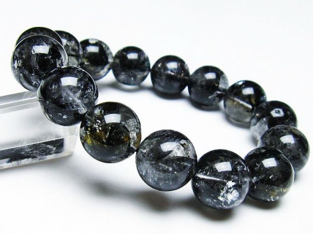 パワーストーン 天然石 ブラックエレスチャルクォーツ 骸骨水晶 ブレスレット 14mm [T124-4853]1枚目