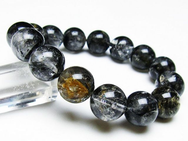 ブラックエレスチャルクォーツ 骸骨水晶 ブレスレット 14mm [T124-4936]