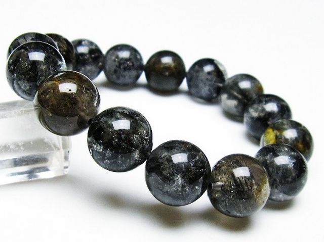 ブラックエレスチャルクォーツ 骸骨水晶 ブレスレット 14mm [T124-4939]