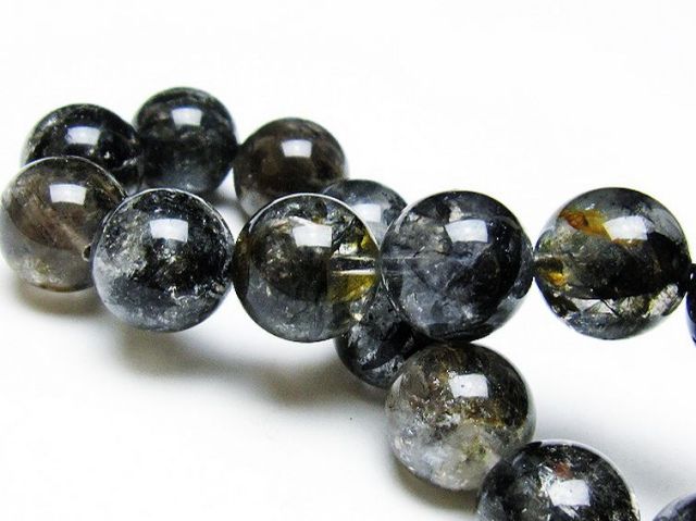 ブラックエレスチャルクォーツ 骸骨水晶 ブレスレット 14mm [T124-4939]