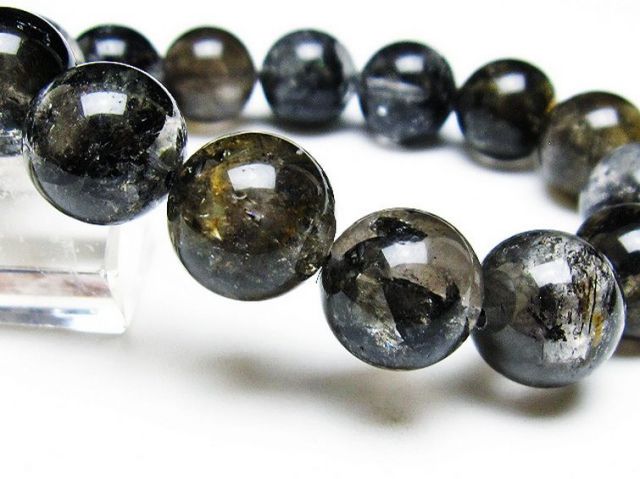 ブラックエレスチャルクォーツ 骸骨水晶 ブレスレット 14mm [T124-4951]