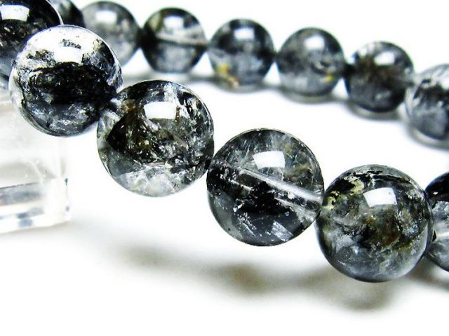 ブラックエレスチャルクォーツ 骸骨水晶 ブレスレット 14mm [T124-5039]