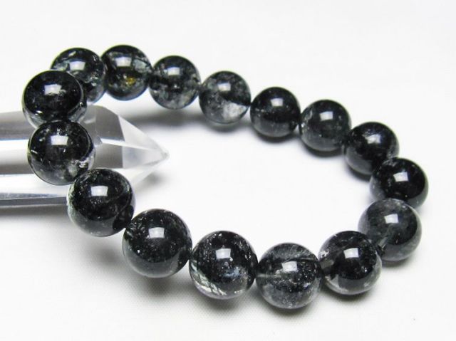 ブラックエレスチャルクォーツ 骸骨水晶 ブレスレット 14mm [t124-5398]