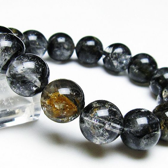 ブラックエレスチャルクォーツ 骸骨水晶 ブレスレット 14mm [T124-4936]