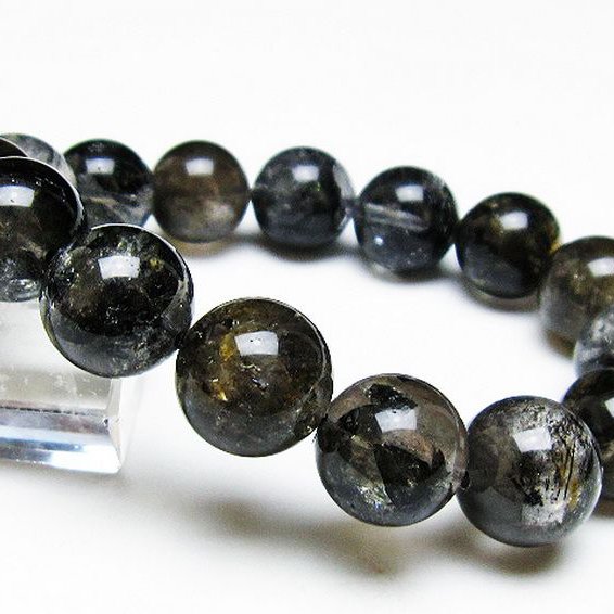 ブラックエレスチャルクォーツ 骸骨水晶 ブレスレット 14mm [T124-4951]