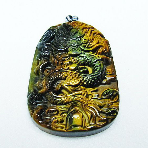 パワーストーン 天然石 タイガーアイ 手彫り龍 ペンダント[T152-1014]