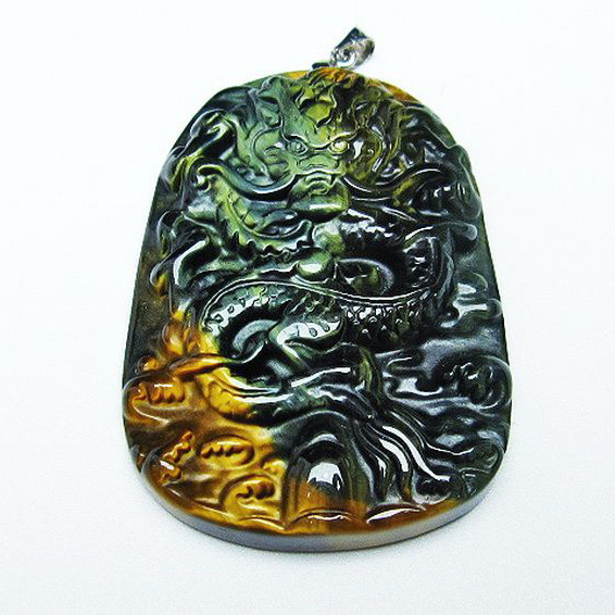 ブルータイガーアイ 手彫り龍 ペンダント[T152-998]
