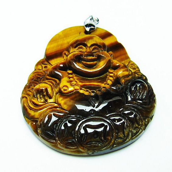 タイガーアイ※黄虎目石布袋様ペンダント[T186-1778]