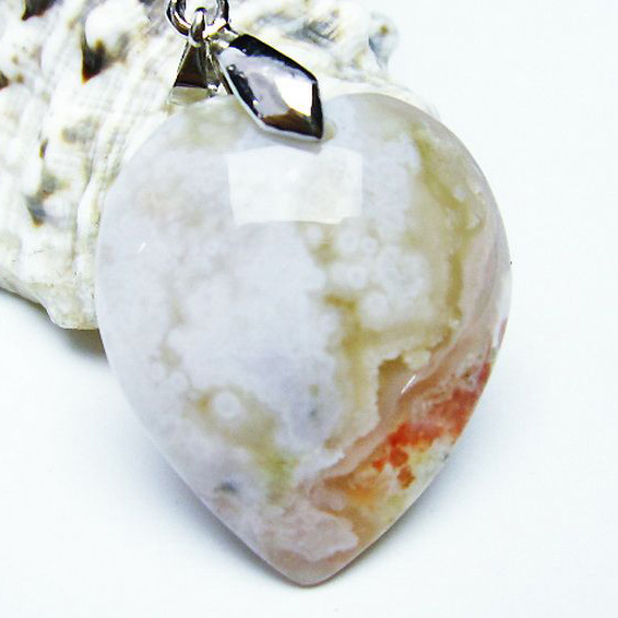桜メノウ チェリーブロッサムアゲート ハート ペンダント[T335-2349]