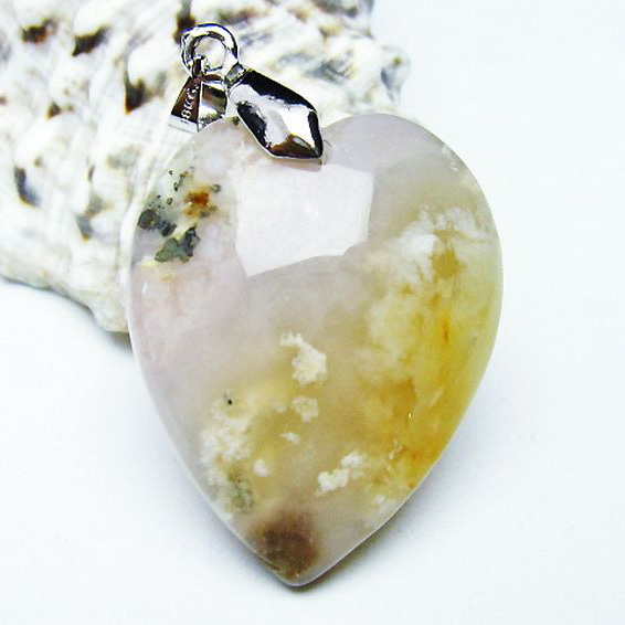 桜メノウ チェリーブロッサムアゲート ハート ペンダント[T335-2367]