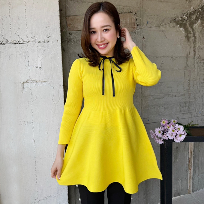 リボン付きリブ切替え裾フレアニット【8a-122-01981】