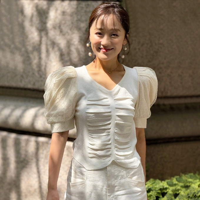 フロントギャザードットチュールスリーブニット【ネコポスOK】【8a-831-03160】