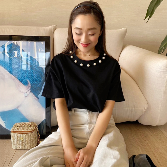 パール付きTシャツ【ネコポスOK】【7i-831-04276】