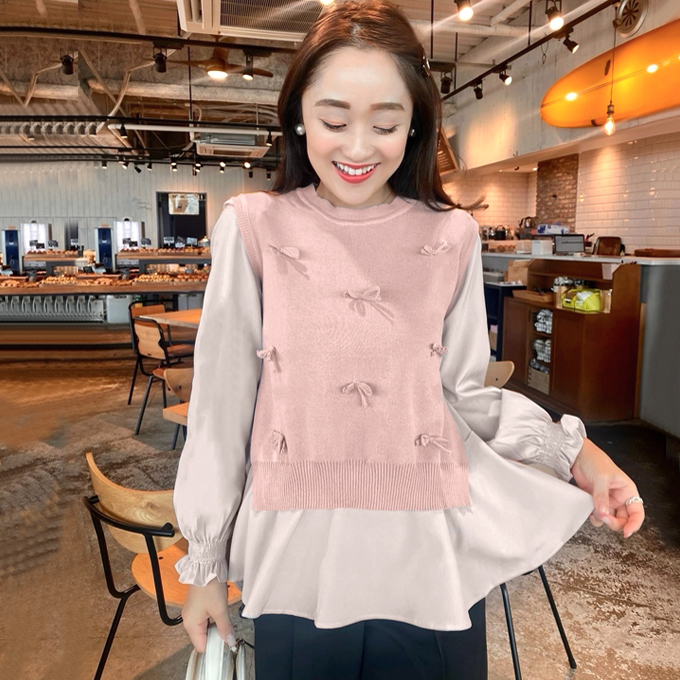 プチリボンニットベスト＆ブラウスセット【7h-831-04755】