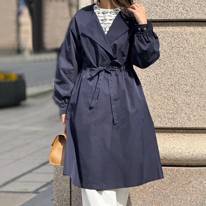 ウエストドロストノーカラーロングコート【7g-138-05945】