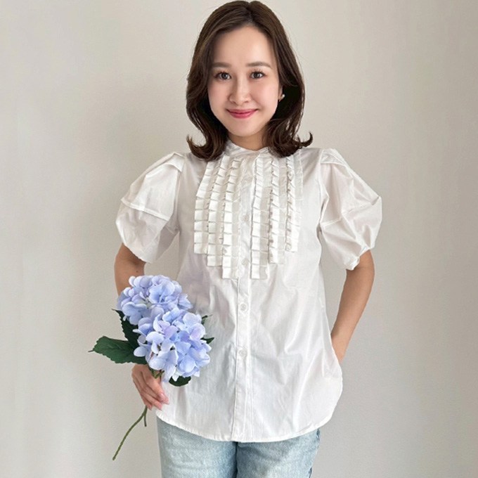 フリルデザインパフスリーブブラウス【ネコポスOK】【7g-831-05475】