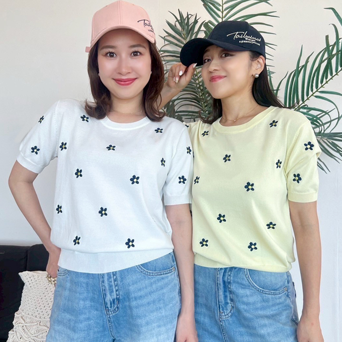 小花柄刺繍半袖ニット【ネコポスOK】【7g-831-05601】