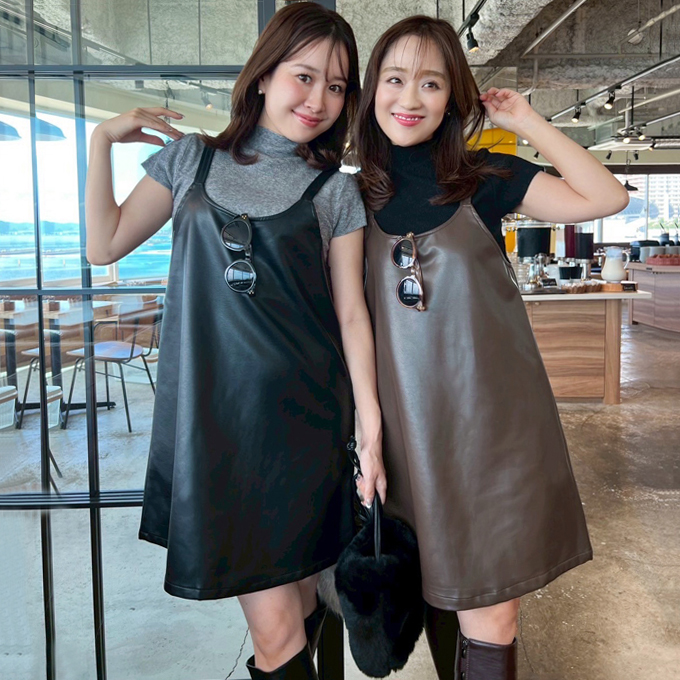 ニット＆フェイクレザーキャミワンピセット【7f-831-05787】