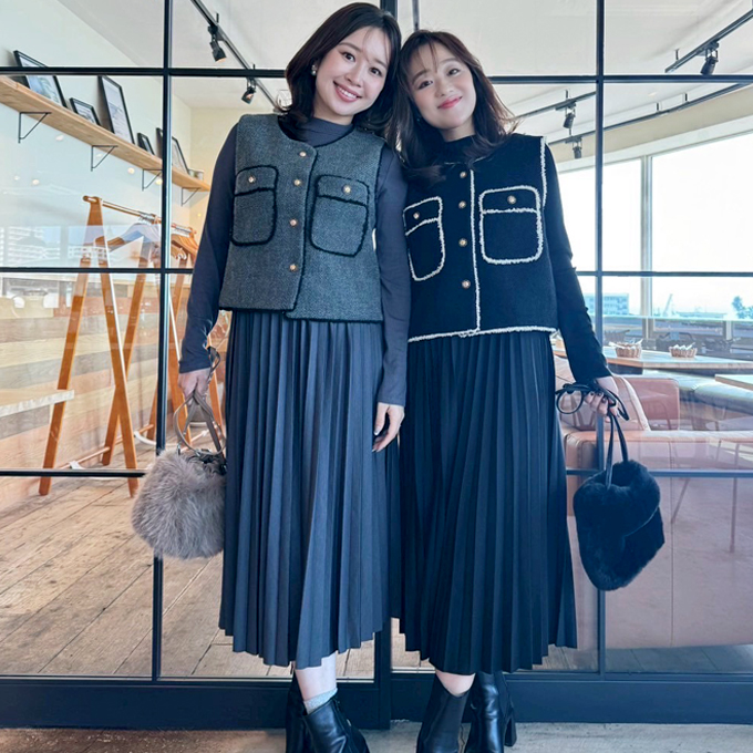 ベスト＆プリーツワンピースセット【7f-831-05834】