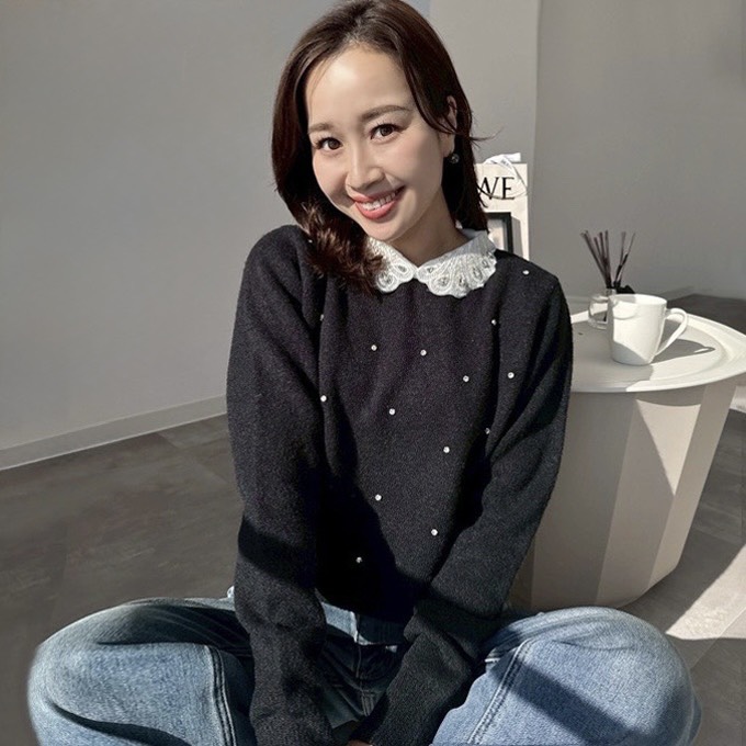 ビジュー付きレース襟ニット【7f-831-06061】