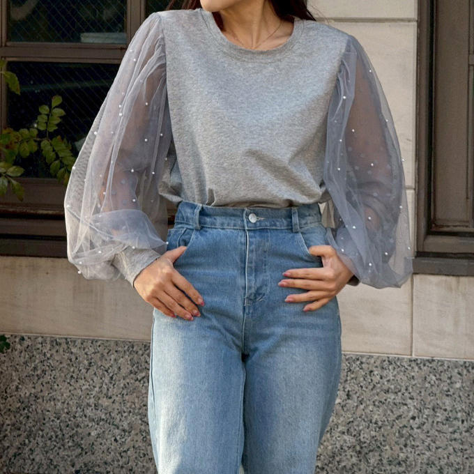 パール付きチュール袖カットソー【ネコポスOK】【7e-831-06150】