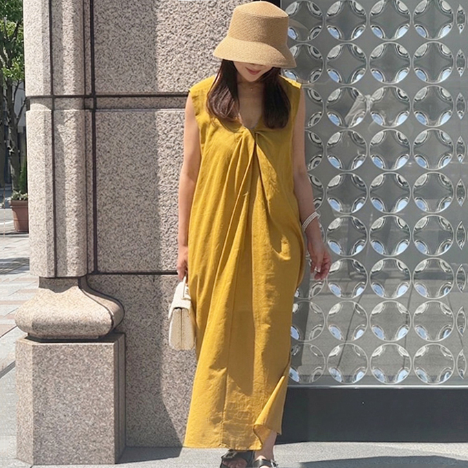 リネンミックスVネックロングワンピース【7e-831-06537】