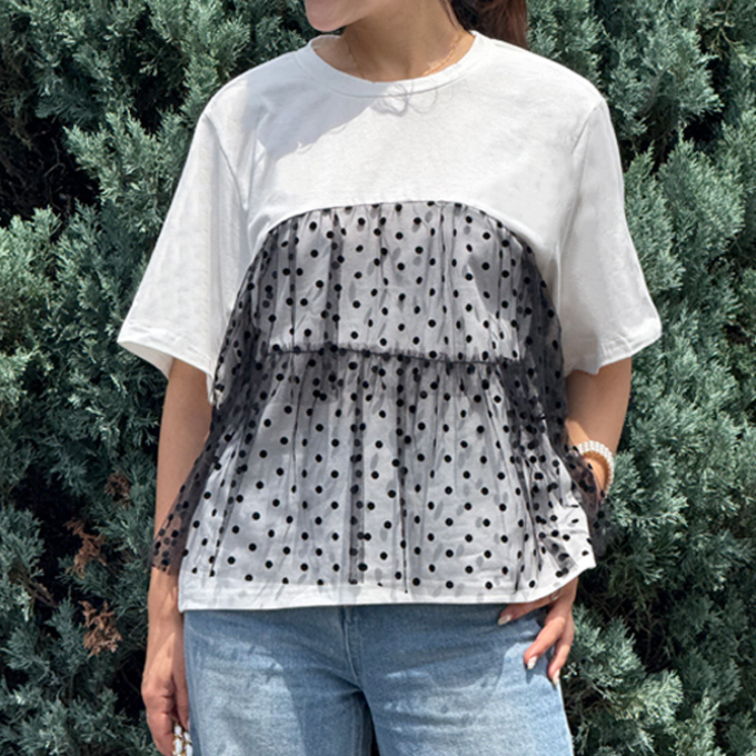ドット柄シフォン異素材カットソー【ネコポスOK】【7e-831-06542】