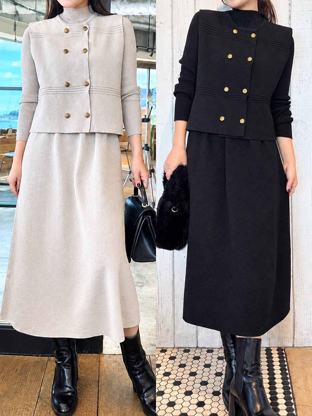 ダブルボタンベスト＆リブニットワンピース【7d-831-06796】
