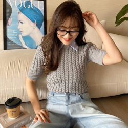 襟付き半袖ケーブルニット【7i-831-04159】