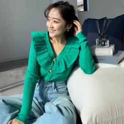 ラッフルデザインVネックカーディガン【7h-831-05039】