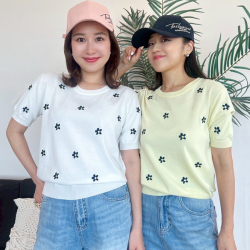 小花柄刺繍半袖ニット【ネコポスOK】【7g-831-05601】