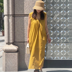 リネンミックスVネックロングワンピース【7e-831-06537】