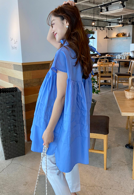 希少✨美品【ヌキテパ】コットン100%フレンチスリーブギャザーブラウス ブルー 希少✨美品【ヌキテパ】コットン100%フレンチスリーブギャザー