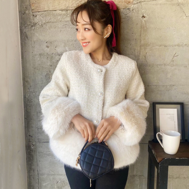 ツイードダウンエコファーコート【7j-831-03813】 