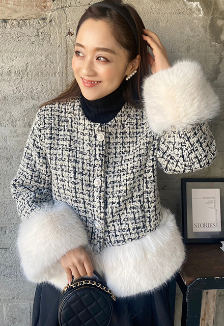 ツイードダウンエコファーコート【7j-831-03813】 