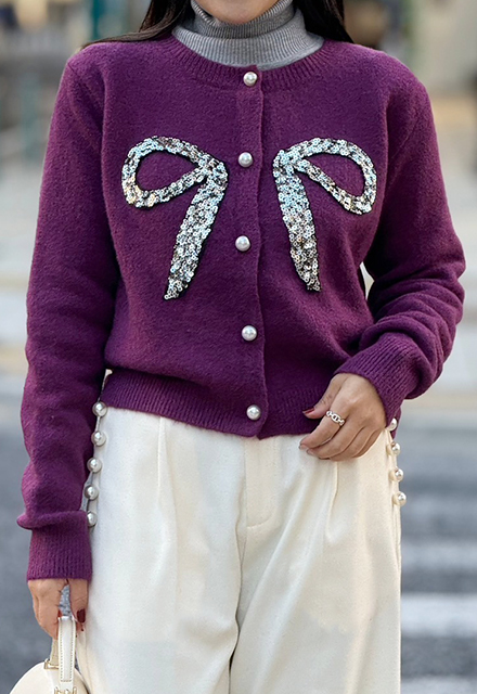 スパンコールリボンカーディガン【7h-831-05085】