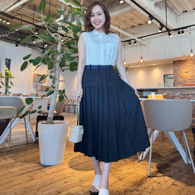 ベルト付き切り替えノースリーブワンピース【7g-831-05618】