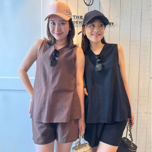 Vネックノースリーブ＆ショートパンツセットアップ【7g-831-05494】